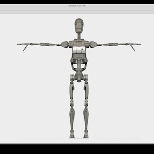 Może przedstawiać: Tr&oacute;jwymiarowy model robota o metalicznym, szarym wykończeniu. Robot stoi z wyciągniętymi ramionami i lekko ugiętymi nogami. Robot znajduje się w neutralnej pozie.