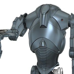 Puede incluir: Un robot gris met&aacute;lico con un dise&ntilde;o detallado. El robot tiene una cabeza grande y redonda con un solo ojo y un cuerpo segmentado. Los brazos del robot est&aacute;n extendidos, con una mano abierta y la otra cerrada.
