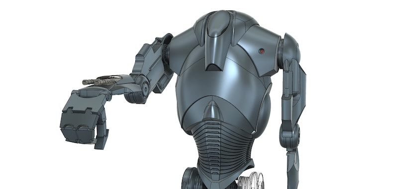 Puede incluir: Un robot gris met&aacute;lico con un dise&ntilde;o detallado. El robot tiene una cabeza grande y redonda con un solo ojo y un cuerpo segmentado. Los brazos del robot est&aacute;n extendidos, con una mano abierta y la otra cerrada.