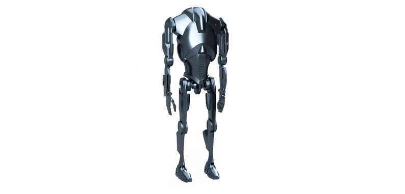 Puede incluir: Un robot de color plateado con forma humanoide. El robot tiene una cabeza grande con un solo ojo rojo y un cuerpo con extremidades articuladas.