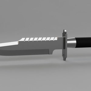 May include: A silver knife with a black handle and a serrated blade.