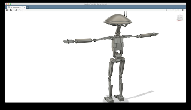 K&ouml;nnte beinhalten: Ein grauer, artikulierter Roboter mit einem kuppelf&ouml;rmigen Kopf und langen, d&uuml;nnen Armen. Der Roboter steht auf einem wei&szlig;en Hintergrund.