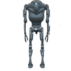 Puede incluir: Una figura de robot articulada gris con forma humanoide. El robot tiene una cabeza grande y triangular y extremidades largas y delgadas.