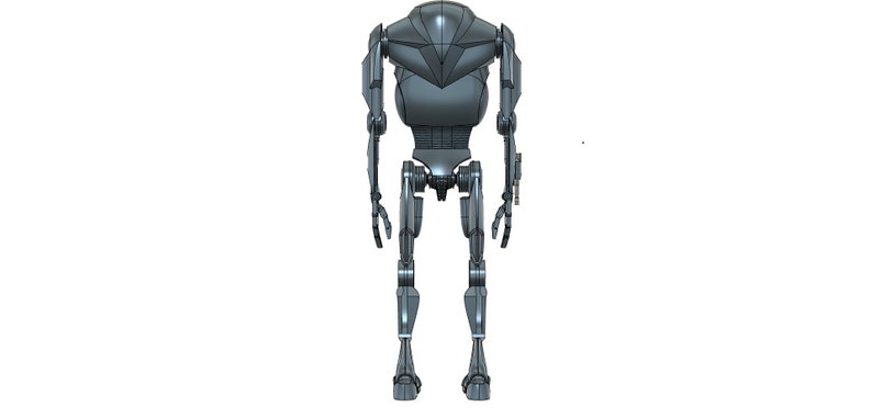 Puede incluir: Una figura de robot articulada gris con forma humanoide. El robot tiene una cabeza grande y triangular y extremidades largas y delgadas.