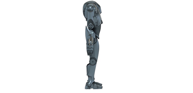 Puede incluir: Un robot gris met&aacute;lico con forma humanoide. El robot tiene una cabeza grande con un ojo redondo negro. Los brazos del robot est&aacute;n doblados en los codos y sus manos est&aacute;n cerradas en pu&ntilde;os. Las piernas del robot est&aacute;n rectas y sus pies son planos.