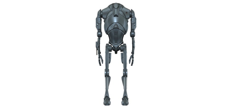 Puede incluir: Un robot gris y plateado con forma humanoide. El robot tiene un dise&ntilde;o detallado con articulaciones visibles y un cuerpo segmentado.