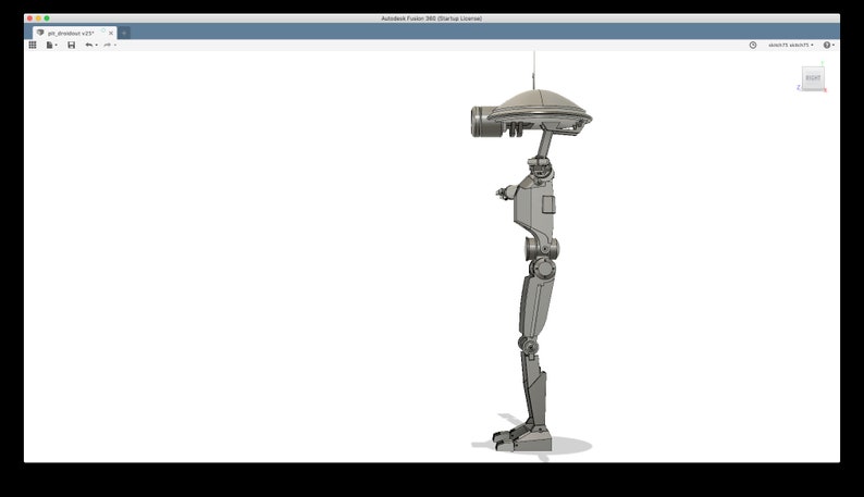 K&ouml;nnte beinhalten: Ein grauer, artikulierter Roboter mit einem runden, flachen Kopf und einer einzelnen Antenne. Der Roboter steht auf einer wei&szlig;en Oberfl&auml;che.