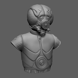 K&ouml;nnte beinhalten: Ein graues 3D-Modell einer menschlichen B&uuml;ste mit einem detaillierten Helm. Der Helm hat ein gro&szlig;es, rundes Auge und einen kleinen, runden Mund. Die B&uuml;ste tr&auml;gt eine detaillierte, segmentierte R&uuml;stung mit einem gro&szlig;en, runden Emblem auf der Brust.
