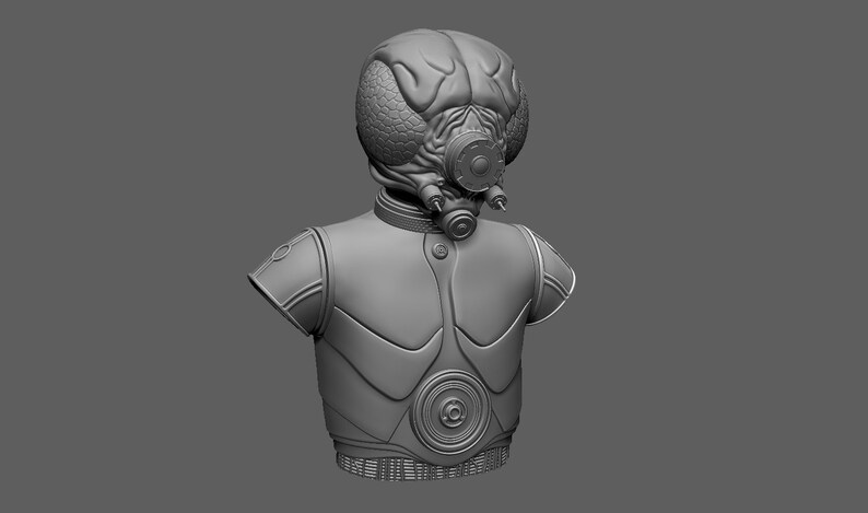 K&ouml;nnte beinhalten: Ein graues 3D-Modell einer menschlichen B&uuml;ste mit einem detaillierten Helm. Der Helm hat ein gro&szlig;es, rundes Auge und einen kleinen, runden Mund. Die B&uuml;ste tr&auml;gt eine detaillierte, segmentierte R&uuml;stung mit einem gro&szlig;en, runden Emblem auf der Brust.