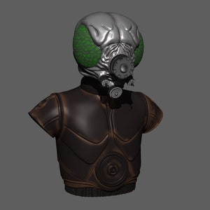 K&ouml;nnte beinhalten: Ein 3D-Modell einer Figur, die einen silbernen und gr&uuml;nen Helm mit einem gro&szlig;en, runden Auge und ein braunes Lederbrustst&uuml;ck mit einem kreisf&ouml;rmigen Design tr&auml;gt.