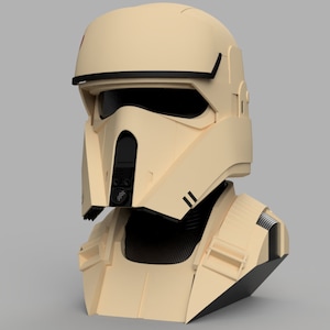 Puede incluir: Un casco de plástico blanco y negro con una visera y una pieza de cuello negra. El casco es una réplica de un personaje de la franquicia Star Wars.