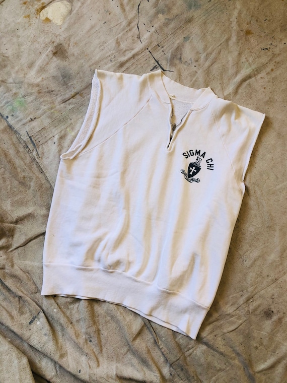 Vintage 1950s White Sigma Chi Quarter-zip Muscle T