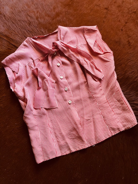 Vintage 1940s Cold Rayon Button Up Red Gingham Pus
