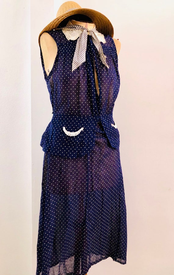 Beautiful 1930s Vintage Navy Blue Swiss Dot Pocket