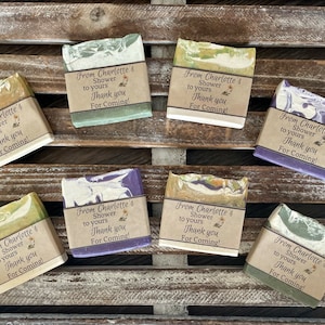 15 Goat Milk Soap Party Favors with Customized labels in Sheer mesh bags for your Wedding shower Bridal shower Baby shower any Party event