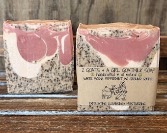 White Mocha Peppermint Goat Milk Soap, Ground Coffee Exfoliating Bar