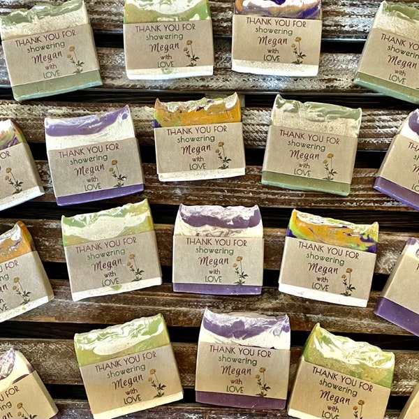 60 Goat Milk Soap Party Favors with Customized labels in Sheer mesh bags for your Wedding shower Bridal shower Baby shower any Party event