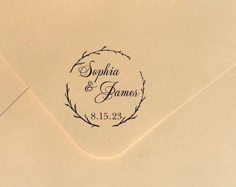 Sello de goma personalizado para boda: redondo, "Guarda la fecha", "Gracias"