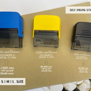 Self Inking Stamp Size. Choose your favorite size and write in personalized window info. 
Actual lengths and heights of the stamp impression will vary, max:
Small: 1-7/8 x 3/4 inch (47x18mm)
Medium: 2-3/8 x 7/8 (59x23mm)
Big: 2-3/4 x 1-1/8 (69x30mm)