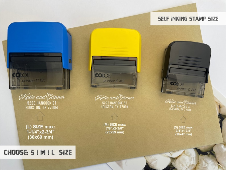 Self Inking Stamp Size. Choose your favorite size and write in personalized window info. 
Actual lengths and heights of the stamp impression will vary, max:
Small: 1-7/8 x 3/4 inch (47x18mm)
Medium: 2-3/8 x 7/8 (59x23mm)
Big: 2-3/4 x 1-1/8 (69x30mm)