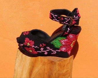 Hand embroidered floral black peep toe wedges