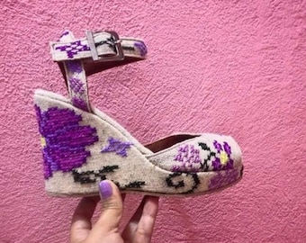 Hand embroidered purple floral peep toe wedges