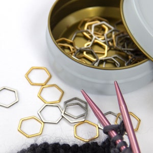 Metal Hexagon Stitch Markers Set of 60 in storage tin quality stainless steel with gold and silver finish for snag free knitting image 4