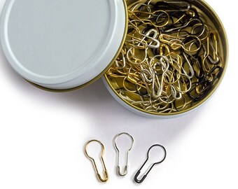 Pear-Shaped Metal Stitch Marker Set in Black, Silver, Gold - 60 bulb-shaped safety pins in storage tin