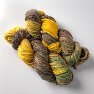 May include: Two skeins of yarn, one yellow and green, the other brown and green.