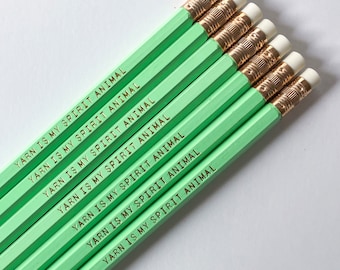 Knitter Gift Set of Novelty Pencils with saying "Yarn is My Spirit Animal" - Gold Foil Embossing on hexagon wood pencils - Made in the USA