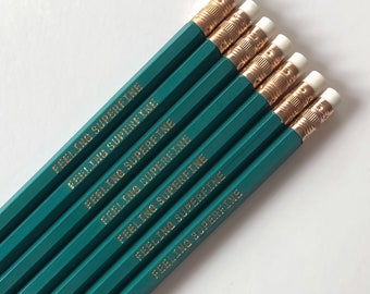Gift Set for Knitters and Crocheters: Novelty Pencils with yarn pun "Feeling Superfine' - Green and Gold stamped wood - made in the USA