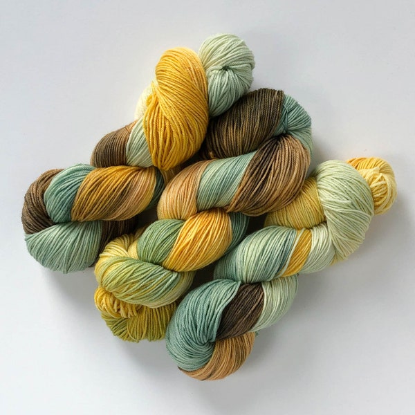 Hand-Dyed Sock Yarn in "Fall Forest" Merino - blue, green, mustard, and brown - variegated fingering - quantity discounts - yarn caking