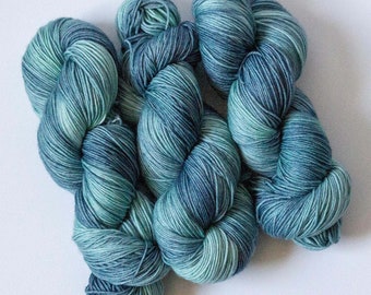 Surf's Up hand-dyed sock yarn - variegated fingering in blue-green merino - quantity discounts - caking service (read item description)