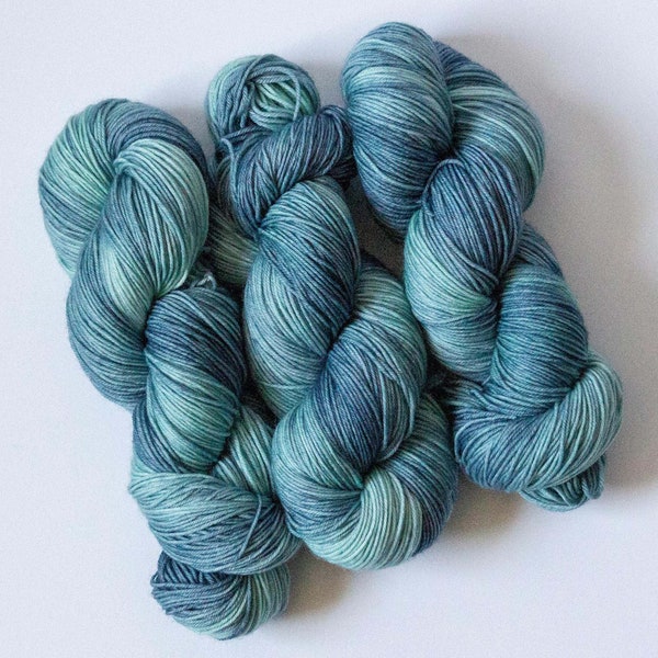 Surf's Up hand-dyed sock yarn - variegated fingering in blue-green merino - quantity discounts - caking service (read item description)