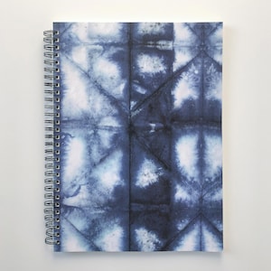 Spiral Notebook with dot grid paper, easy tear-out perforated pages, shibori blue and white design with lay-flat binding