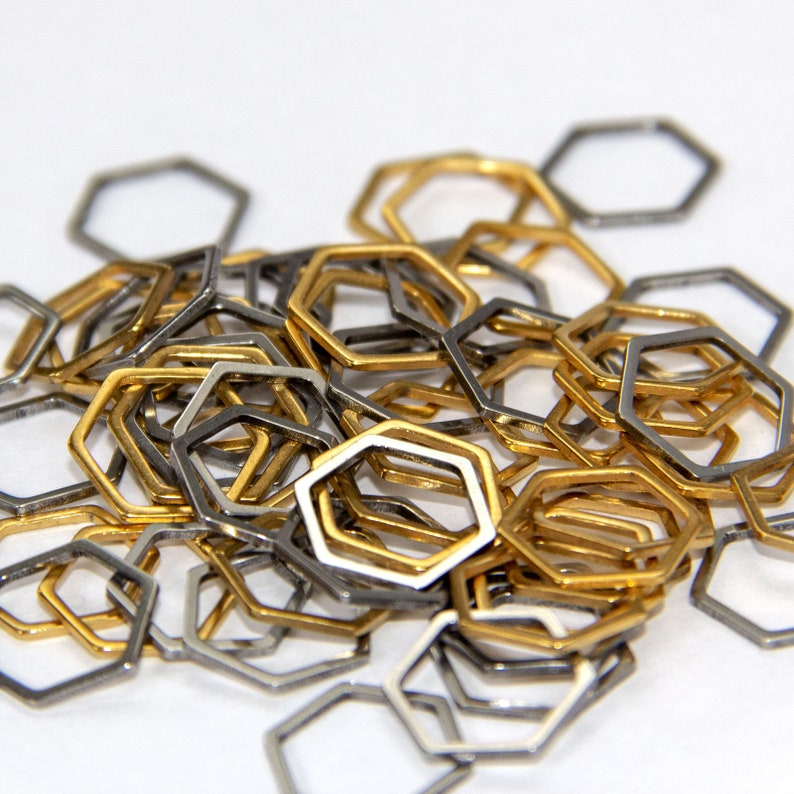 Metal Hexagon Stitch Markers Set of 60 in storage tin quality stainless steel with gold and silver finish for snag free knitting image 2