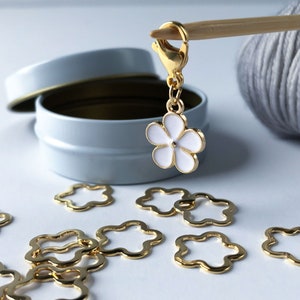 Stitch Markers in Gold Flower Shape and an Enameled Flower Charm, quality Storage Tin, FREE shipping