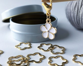 Gold Flower Stitch Markers with Enameled Removable Progress Keeper/Zipper pull: Knitting Accessories
