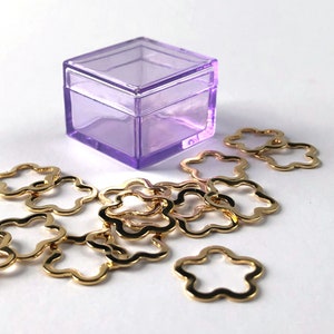 Flower Stitch Markers - set of 15 snag-free gold metallic markers in a lavender storage case - cute knitting supplies - quantity discounts