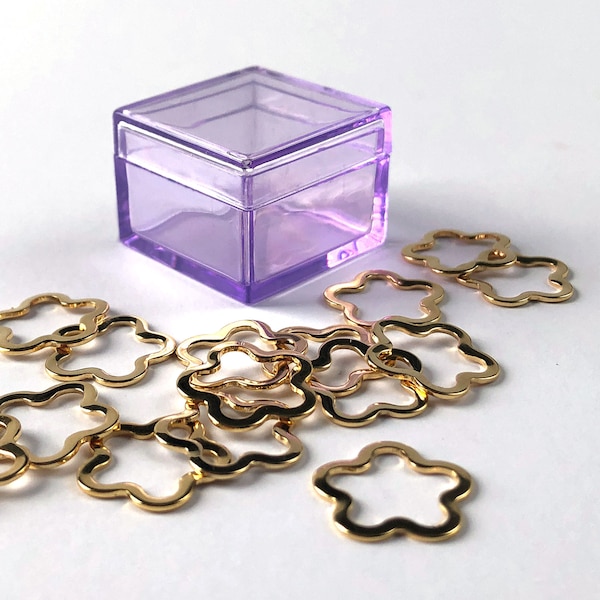 Flower Stitch Markers - set of 15 snag-free gold metallic markers in a lavender storage case - cute knitting supplies - quantity discounts