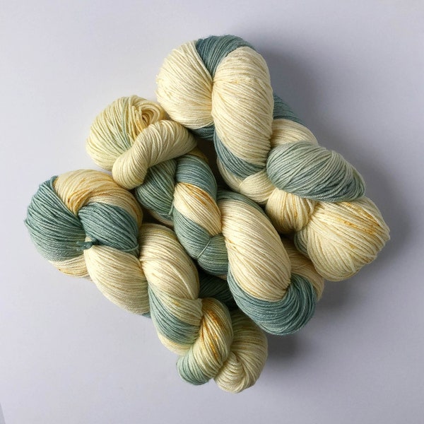 Hand-dyed yarn - speckled blue, green, vanilla - “Robin’s Nest" assigned pooling - free USA shipping - quantity discounts - caking service