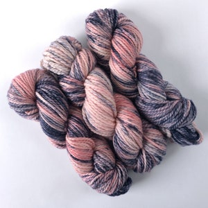 Rose + Denim Chunky yarn in peachy pink and denim blue - hand-dyed bulky weight extrafine merino 2-ply wool - quick knits and fast crochet