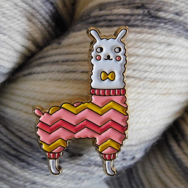 Llama Enamel Pin in a Pink and Gold Chevron Sweater