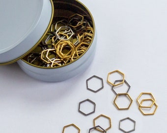 Metal Hexagon Stitch Markers -- Set of 60 in storage tin -- quality stainless steel with gold and silver finish for snag free knitting