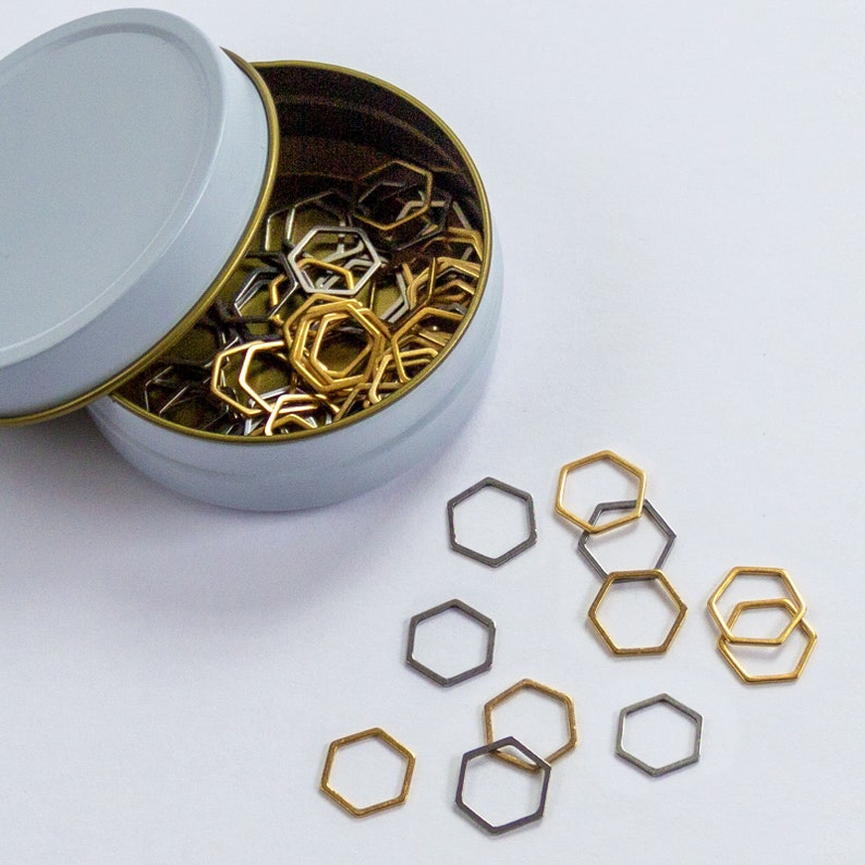 Metal Hexagon Stitch Markers Set of 60 in storage tin quality stainless steel with gold and silver finish for snag free knitting image 1