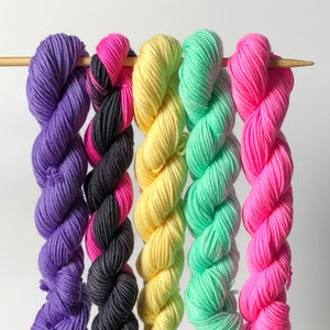 Mini Skein Set - Neon Nights Hand-dyed 4-ply sock yarn - “Happy Hour” 5-skein kit - fun gift for knitters and crocheters