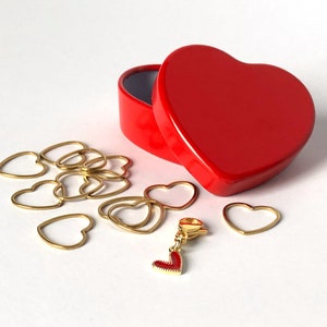 Heart Stitch Marker Set - red heart  storage tin, 12 gold heart stitch markers + 16K gold and enamel heart charm removable stitch marker