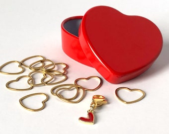 Stitch Marker Set in Heart Shapes with charm, Bonus Heart-Shaped Red Storage Tin, 16K gold charm with gold-plated stainless steel markers