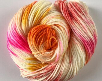 Hand Dyed Sock Yarn - DK (light worsted) - 85/15 "Confetti Cake" in pink, mustard, orange, peach, yellow - bulk discounts - caking available