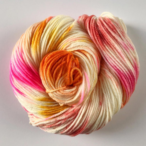 Hand Dyed Sock Yarn - DK (light worsted) - 85/15 "Confetti Cake" in pink, mustard, orange, peach, yellow - bulk discounts - caking available